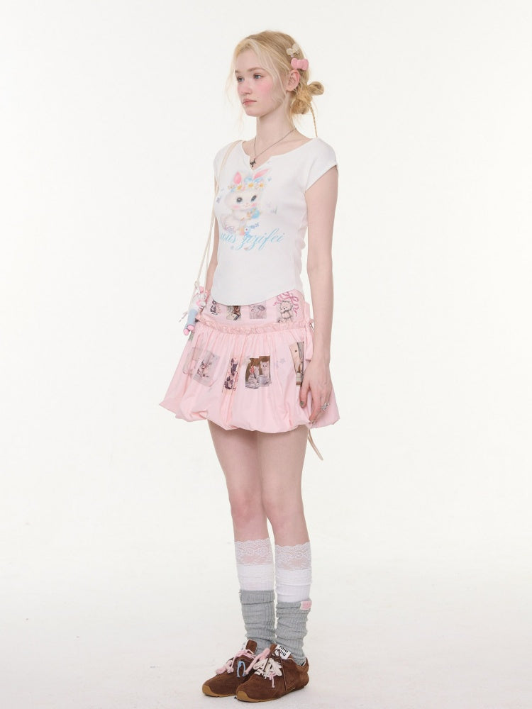 Rabbit Print V-Neck Slim Short Sleeve T-Shirt White【s0000016162】