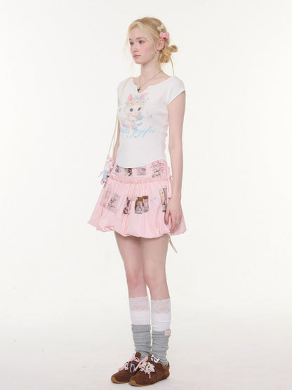 Rabbit Print V-Neck Slim Short Sleeve T-Shirt White【s0000016162】