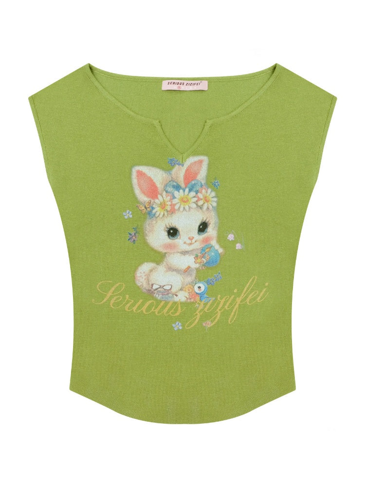 Rabbit Print V-Neck Slim Short Sleeve T-Shirt Green【s0000016163】