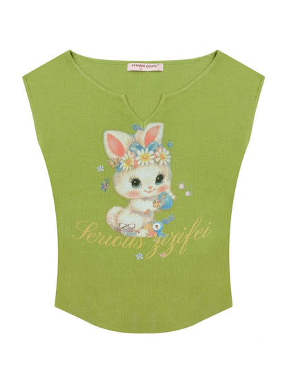 Rabbit Print V-Neck Slim Short Sleeve T-Shirt Green【s0000016163】
