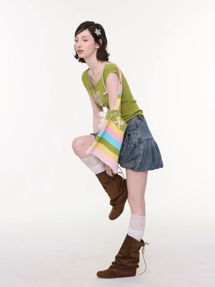 Rabbit Print V-Neck Slim Short Sleeve T-Shirt Green【s0000016163】