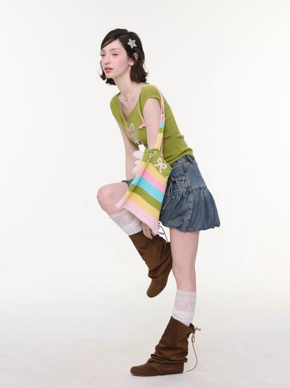 Rabbit Print V-Neck Slim Short Sleeve T-Shirt Green【s0000016163】
