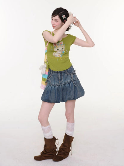 Rabbit Print V-Neck Slim Short Sleeve T-Shirt Green【s0000016163】