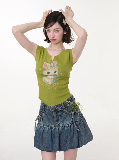 Rabbit Print V-Neck Slim Short Sleeve T-Shirt Green【s0000016163】