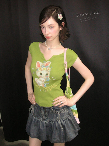 Rabbit Print V-Neck Slim Short Sleeve T-Shirt Green【s0000016163】