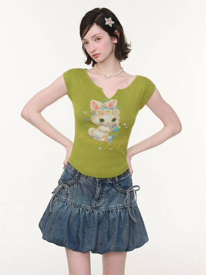 Rabbit Print V-Neck Slim Short Sleeve T-Shirt Green【s0000016163】