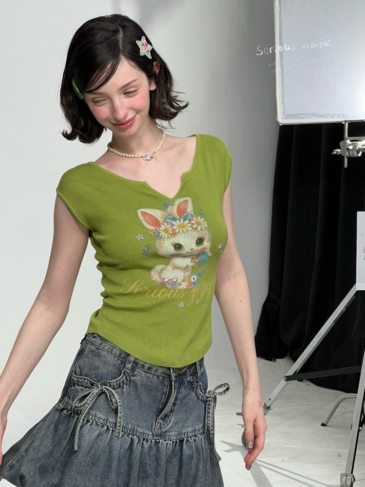 Rabbit Print V-Neck Slim Short Sleeve T-Shirt Green【s0000016163】