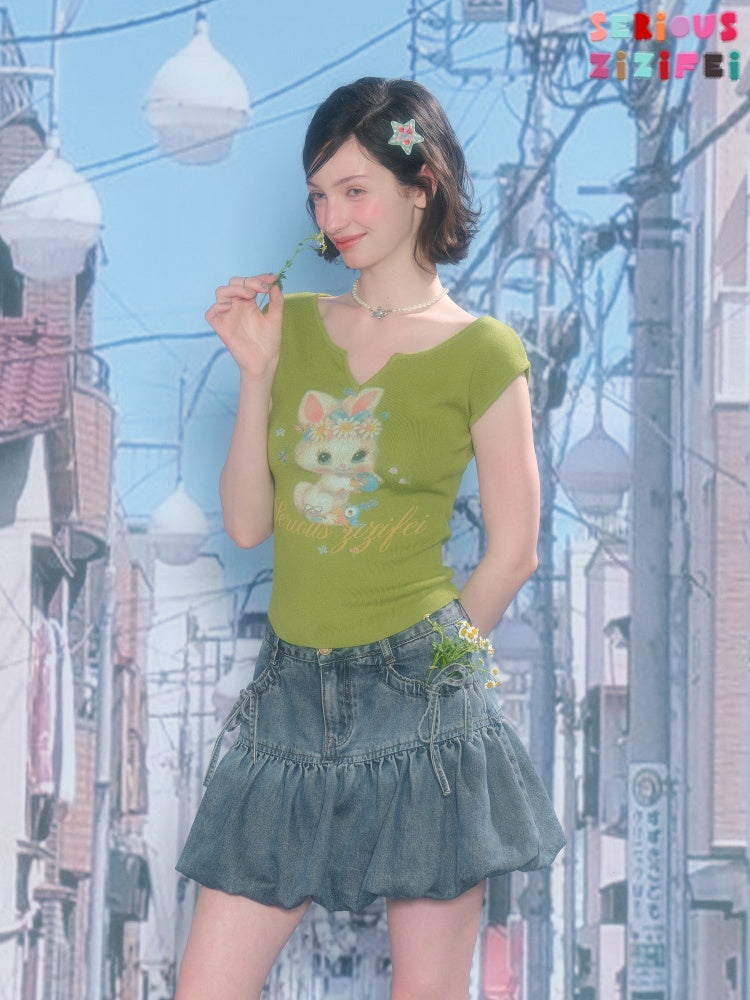 Rabbit Print V-Neck Slim Short Sleeve T-Shirt Green【s0000016163】