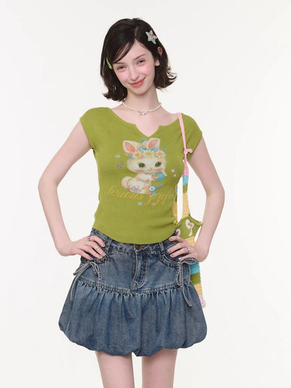 Rabbit Print V-Neck Slim Short Sleeve T-Shirt Green【s0000016163】