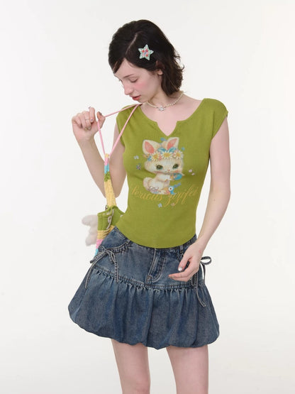 Rabbit Print V-Neck Slim Short Sleeve T-Shirt Green【s0000016163】