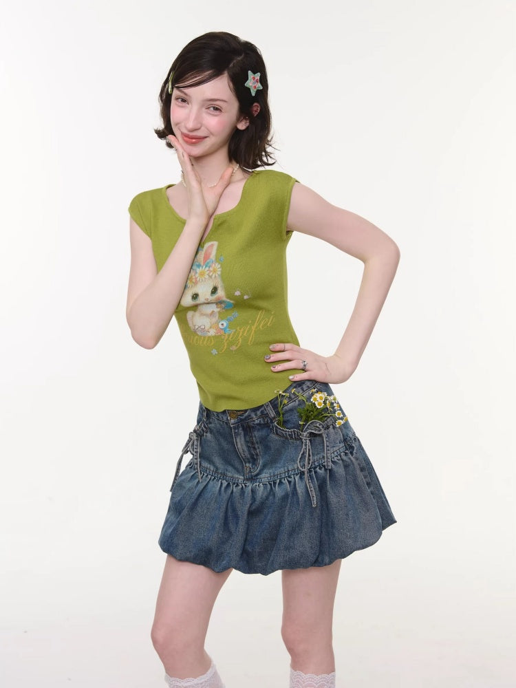 Rabbit Print V-Neck Slim Short Sleeve T-Shirt Green【s0000016163】