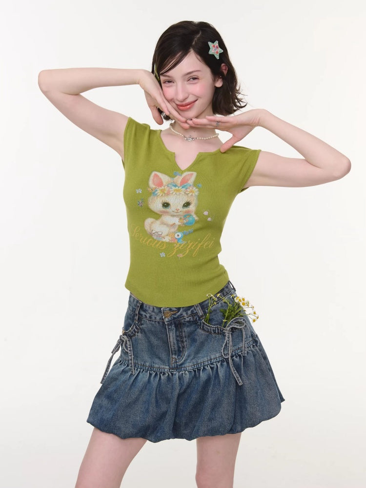 Rabbit Print V-Neck Slim Short Sleeve T-Shirt Green【s0000016163】