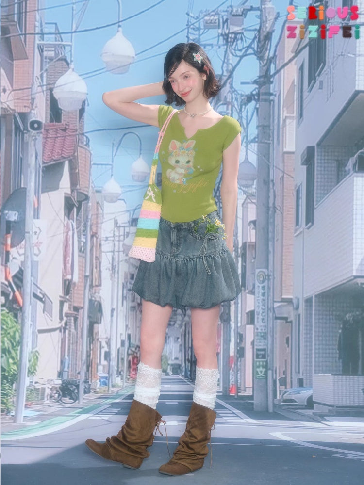 Rabbit Print V-Neck Slim Short Sleeve T-Shirt Green【s0000016163】