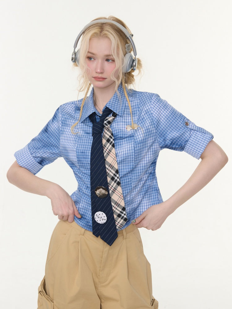 Plaid Blending Slimming Short-Sleeved Shirt【s0000016164】