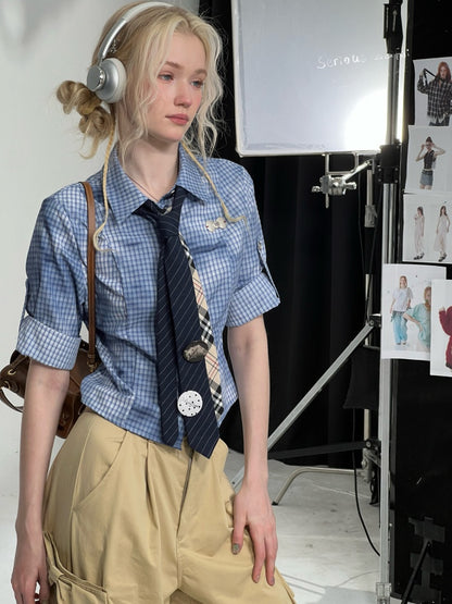 Plaid Blending Slimming Short-Sleeved Shirt【s0000016164】