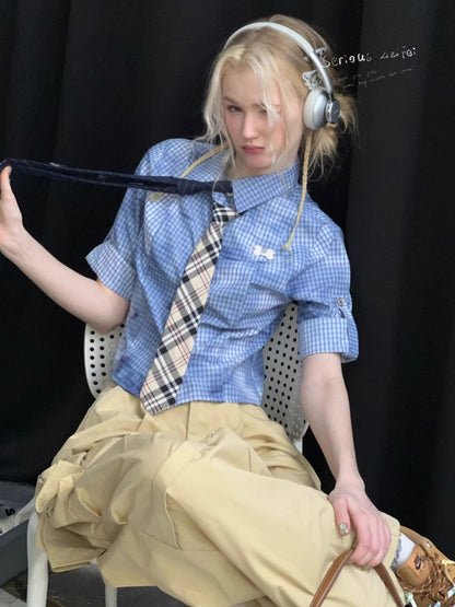 Plaid Blending Slimming Short-Sleeved Shirt【s0000016164】