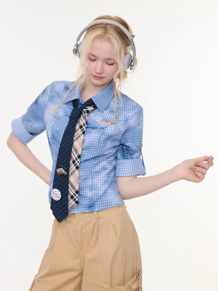 Plaid Blending Slimming Short-Sleeved Shirt【s0000016164】