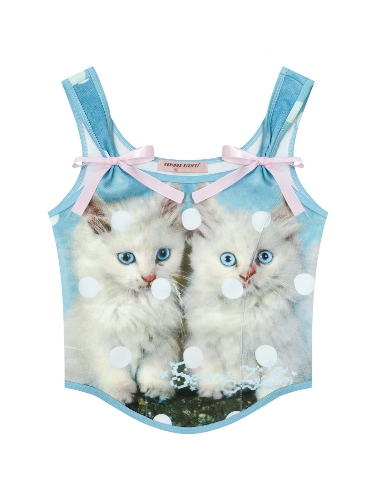 Bow Polka Dot Cat Print Slim Camisole【s0000016165】