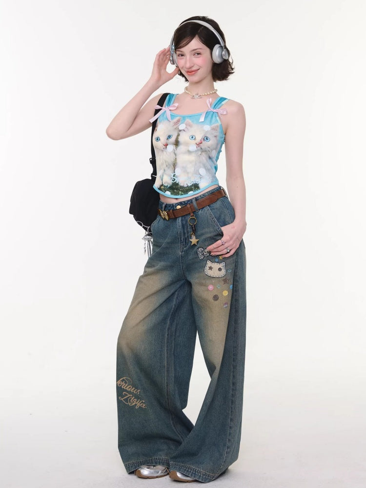 Bow Polka Dot Cat Print Slim Camisole【s0000016165】