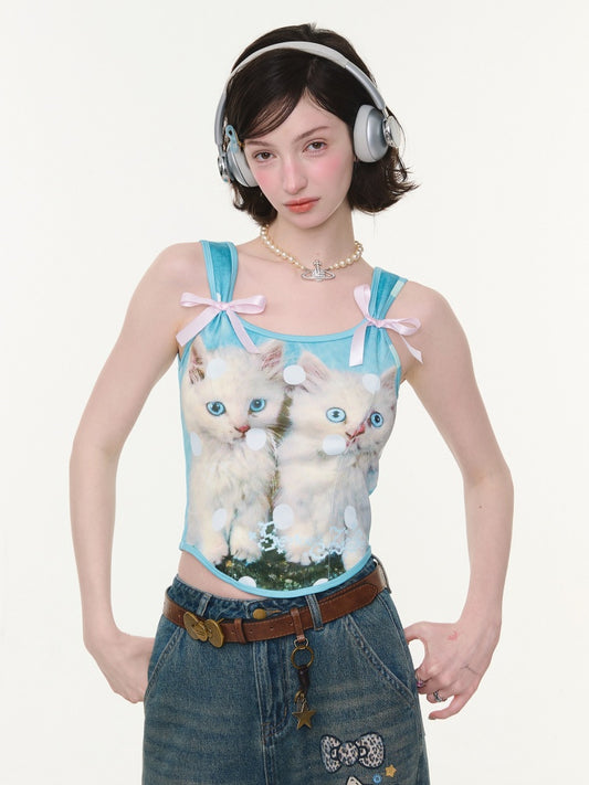 Bow Polka Dot Cat Print Slim Camisole【s0000016165】