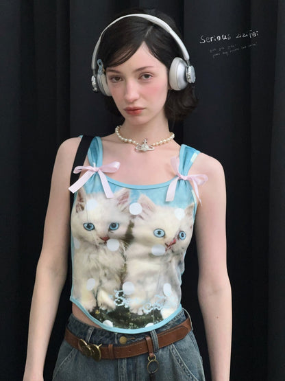 Bow Polka Dot Cat Print Slim Camisole【s0000016165】