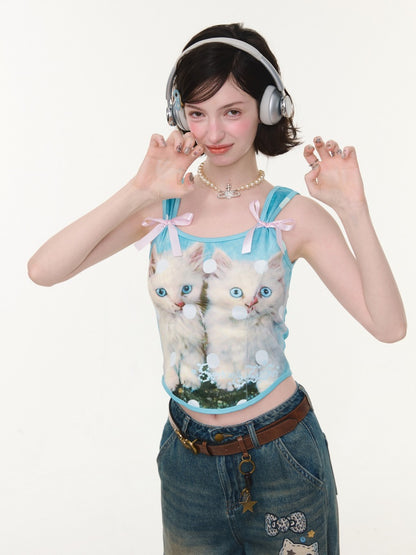 Bow Polka Dot Cat Print Slim Camisole【s0000016165】