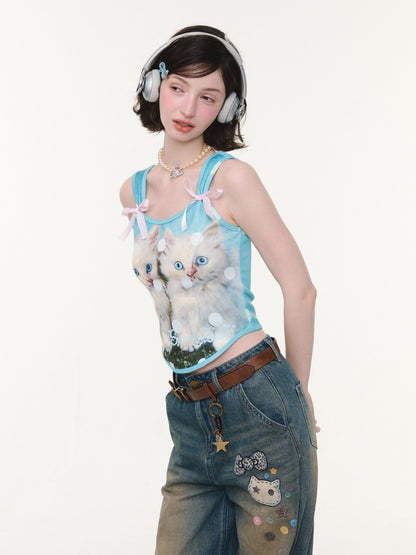 Bow Polka Dot Cat Print Slim Camisole【s0000016165】