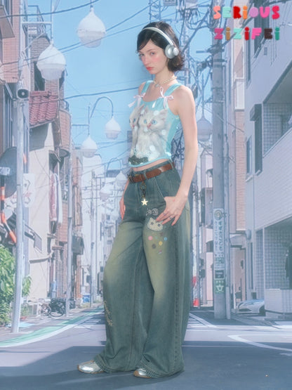Bow Polka Dot Cat Print Slim Camisole【s0000016165】