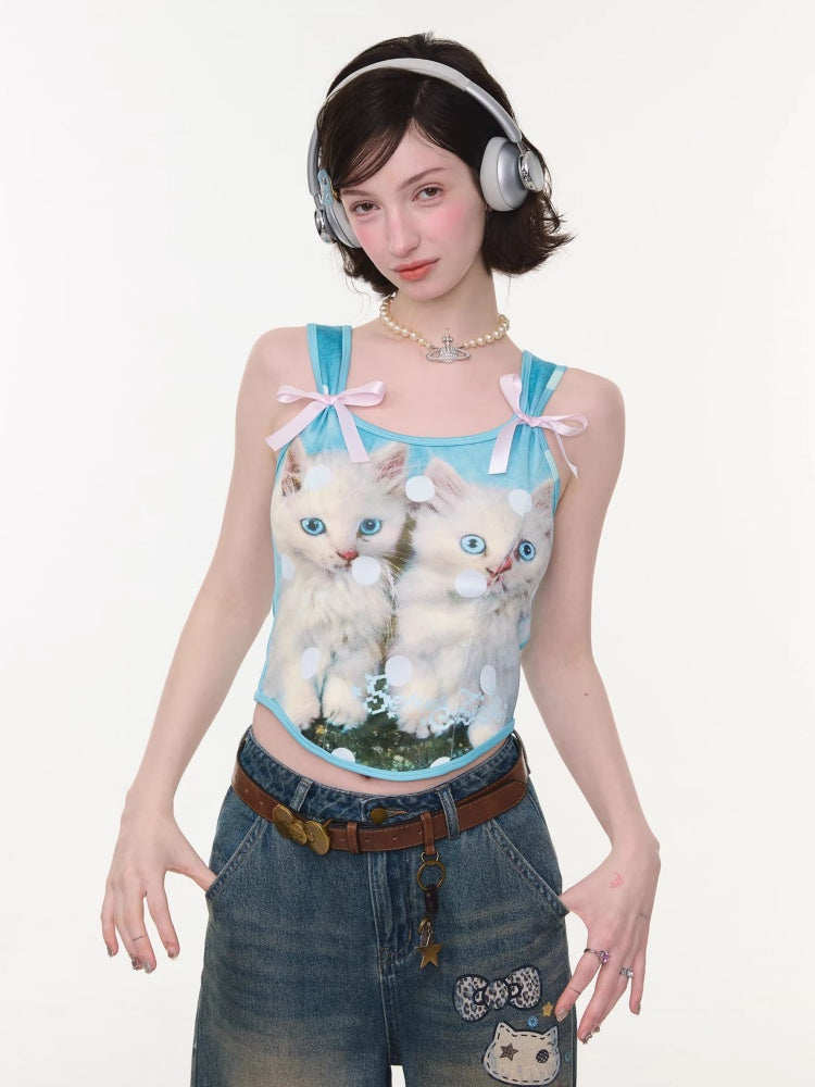 Bow Polka Dot Cat Print Slim Camisole【s0000016165】