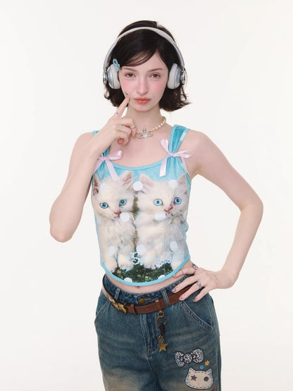 Bow Polka Dot Cat Print Slim Camisole【s0000016165】