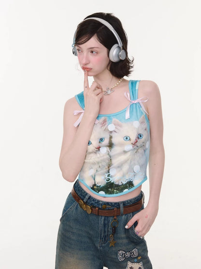 Bow Polka Dot Cat Print Slim Camisole【s0000016165】