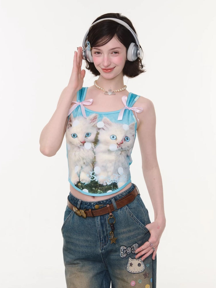 Bow Polka Dot Cat Print Slim Camisole【s0000016165】
