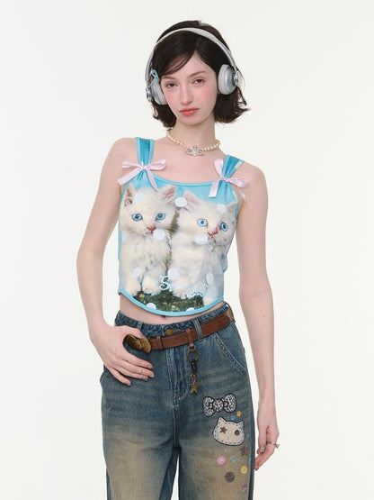 Bow Polka Dot Cat Print Slim Camisole【s0000016165】