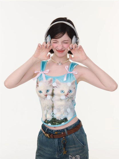 Bow Polka Dot Cat Print Slim Camisole【s0000016165】