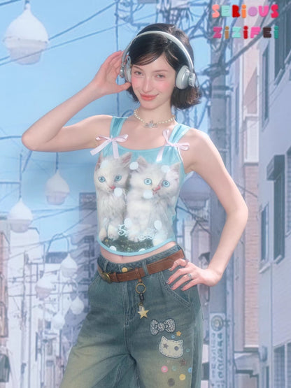 Bow Polka Dot Cat Print Slim Camisole【s0000016165】
