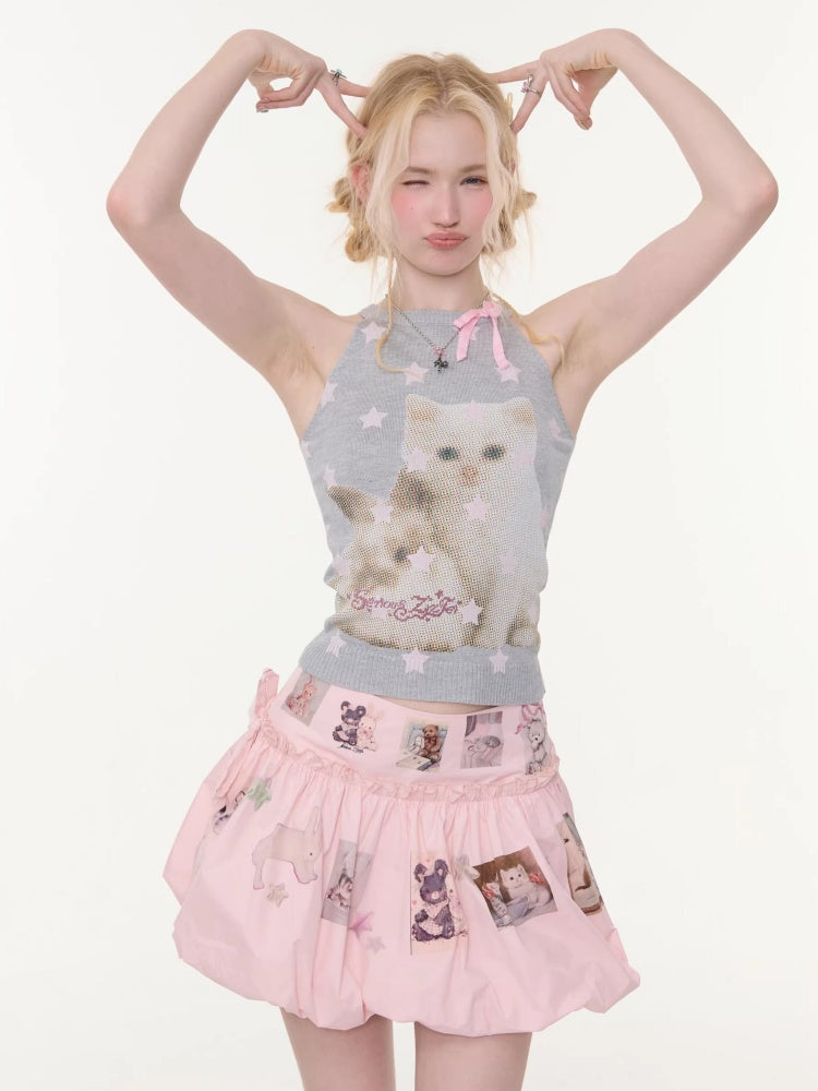 Bow Star Cat & Dog Print Slimming Knitted Vest【s0000016166】