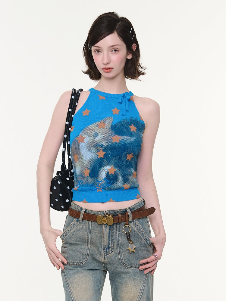 Bow Star Cat & Dog Print Slimming Knitted Vest【s0000016166】