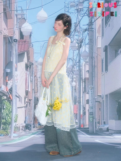 Polka Dot Mesh Semi-Transparent Layered Camisole Dress Yellow【s0000016167】