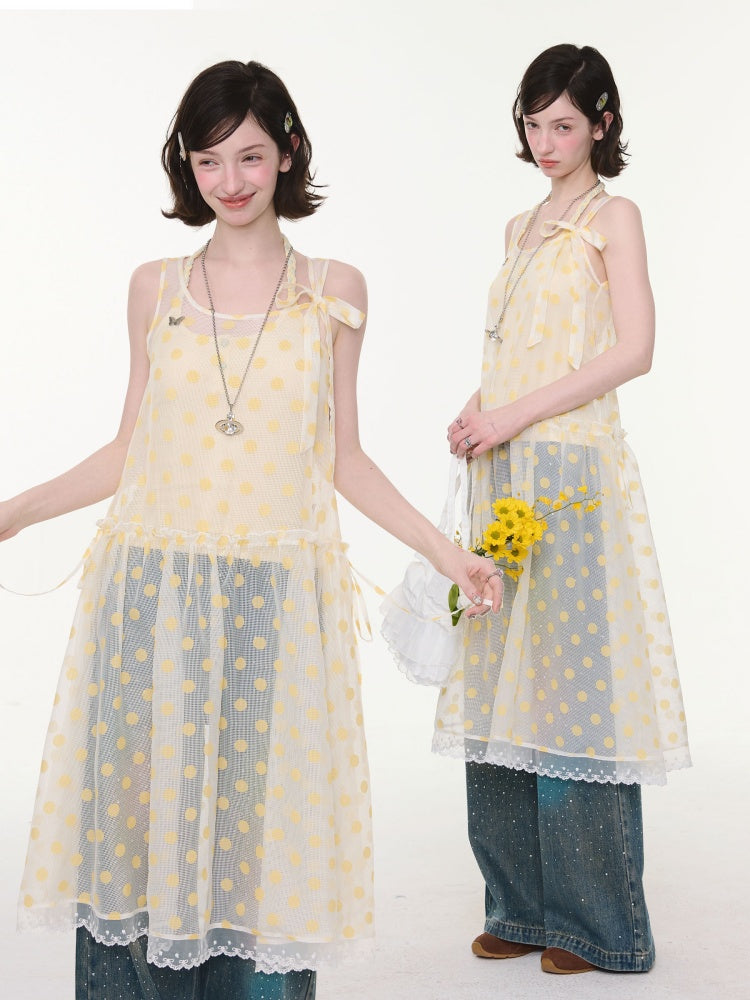 Polka Dot Mesh Semi-Transparent Layered Camisole Dress Yellow【s0000016167】