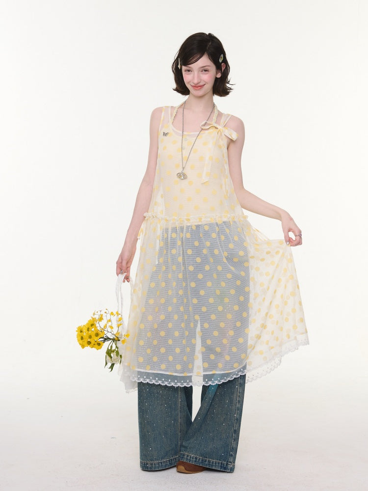 Polka Dot Mesh Semi-Transparent Layered Camisole Dress Yellow【s0000016167】