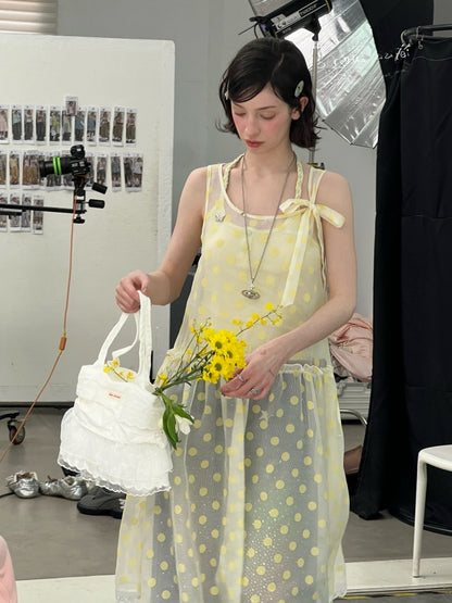 Polka Dot Mesh Semi-Transparent Layered Camisole Dress Yellow【s0000016167】