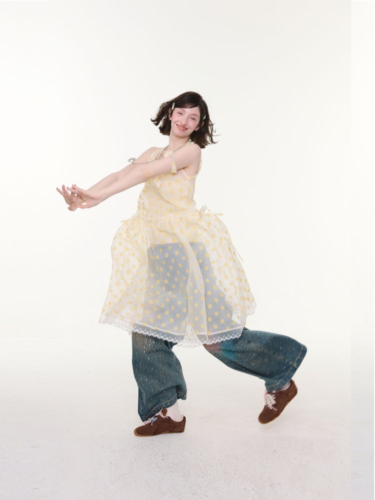Polka Dot Mesh Semi-Transparent Layered Camisole Dress Yellow【s0000016167】