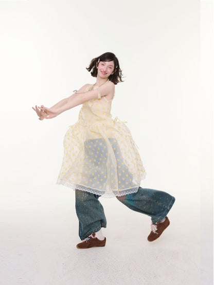 Polka Dot Mesh Semi-Transparent Layered Camisole Dress Yellow【s0000016167】