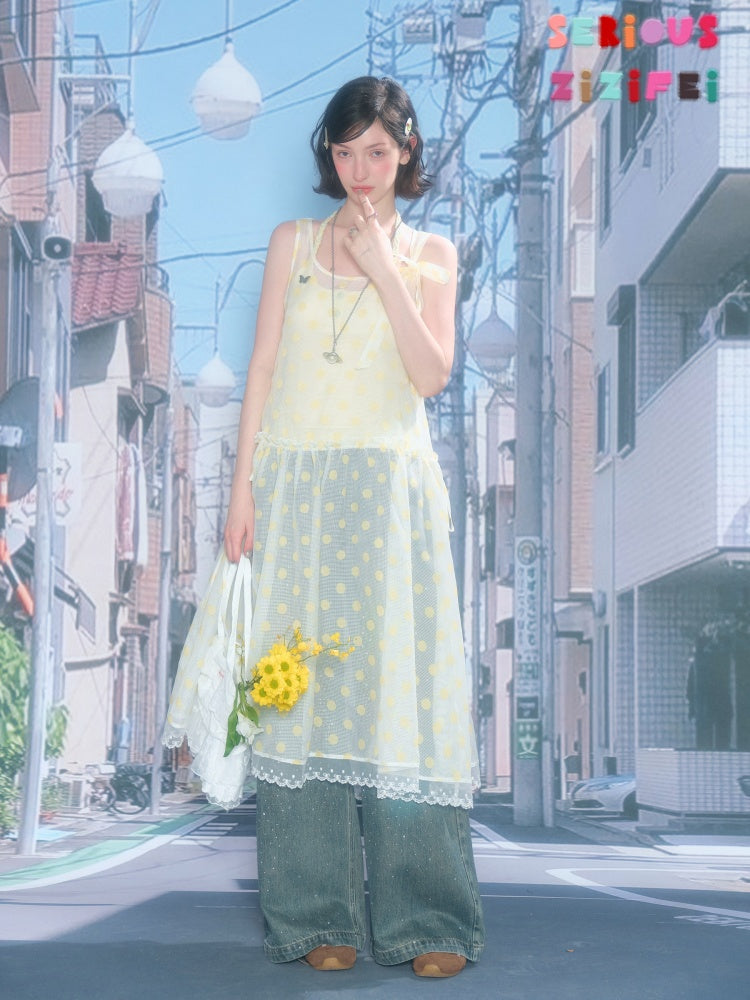 Polka Dot Mesh Semi-Transparent Layered Camisole Dress Yellow【s0000016167】
