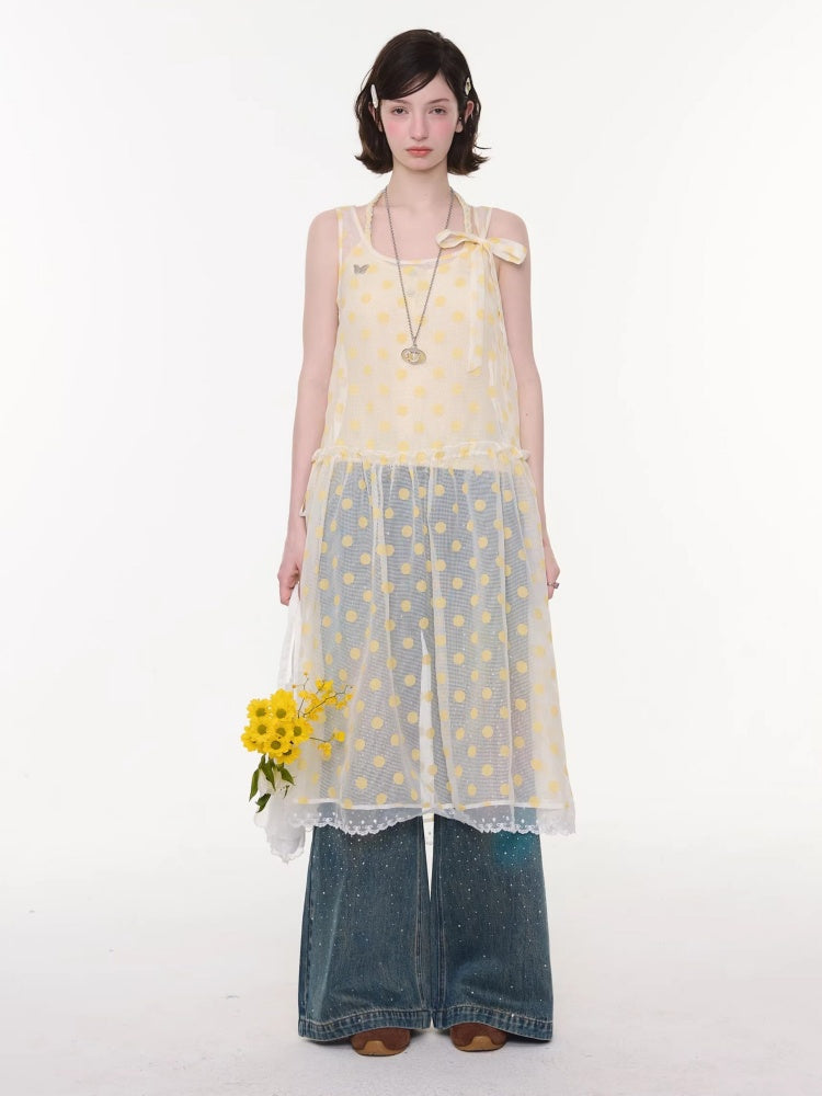Polka Dot Mesh Semi-Transparent Layered Camisole Dress Yellow【s0000016167】