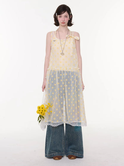 Polka Dot Mesh Semi-Transparent Layered Camisole Dress Yellow【s0000016167】
