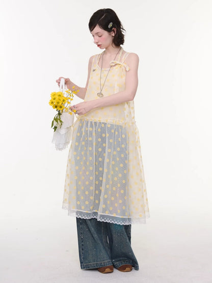 Polka Dot Mesh Semi-Transparent Layered Camisole Dress Yellow【s0000016167】