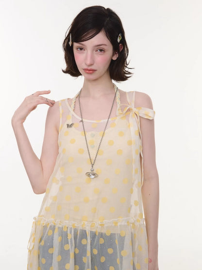 Polka Dot Mesh Semi-Transparent Layered Camisole Dress Yellow【s0000016167】