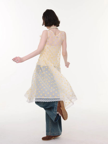 Polka Dot Mesh Semi-Transparent Layered Camisole Dress Yellow【s0000016167】