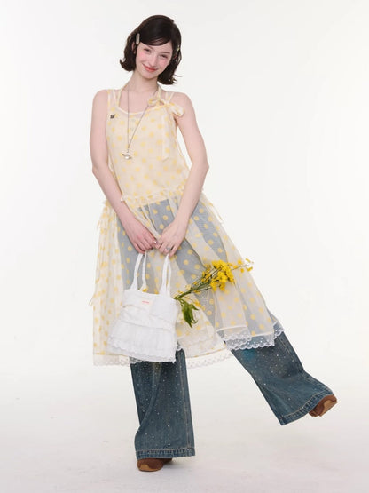 Polka Dot Mesh Semi-Transparent Layered Camisole Dress Yellow【s0000016167】